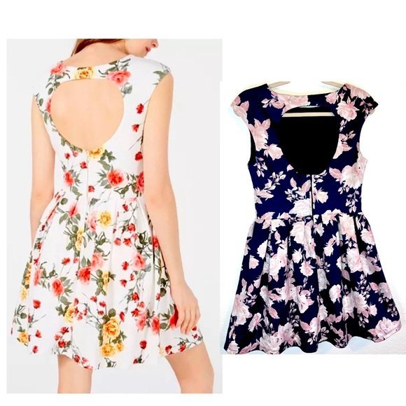 Blue Pink Silver Foil Floral Open Back PARTY Dress Size Large - Picture 4 of 11